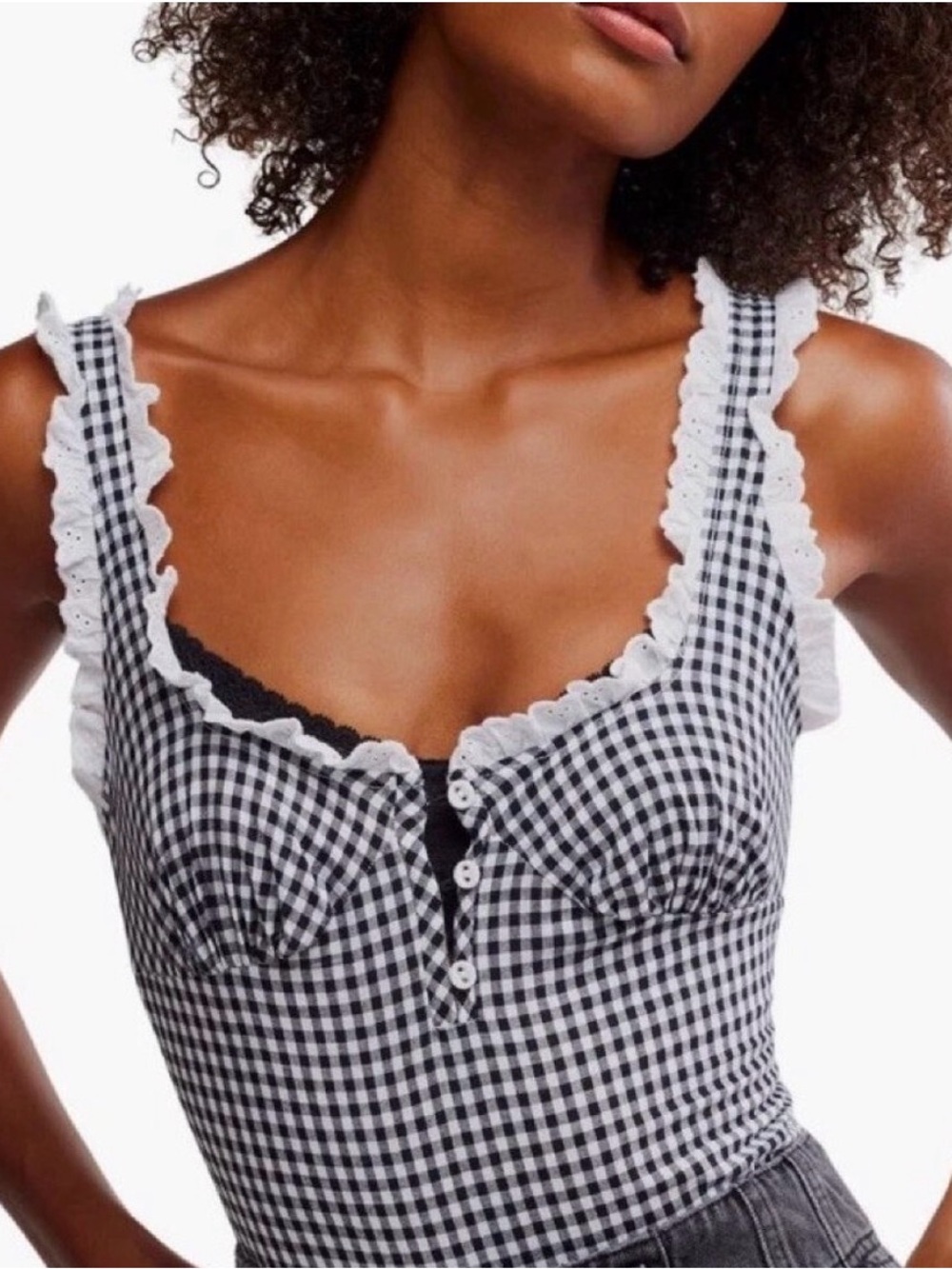 NWT! Free People Cassie Gingham Smocked Sweetheart Tank Bodysuit M